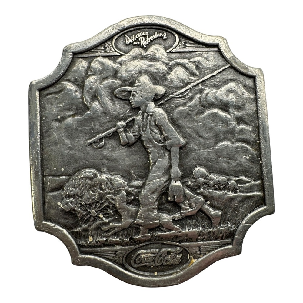Vintage 1976 Bergamot Brass Works Coca-Cola Silver Tone Belt Buckle‎ Fisherman